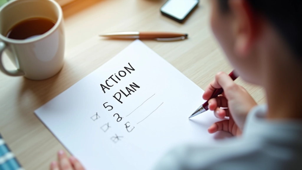 Plano de ação escrito à mão com passos numerados e marcos de progresso
