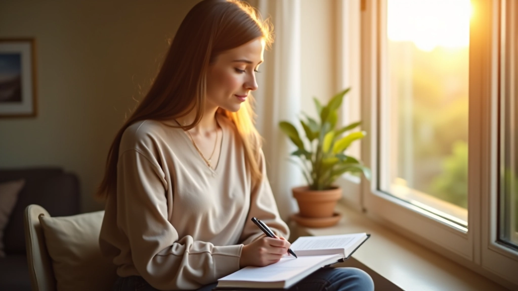 Pessoa segurando caderno com plano de ação, café da manhã matinal, ambiente inspirador